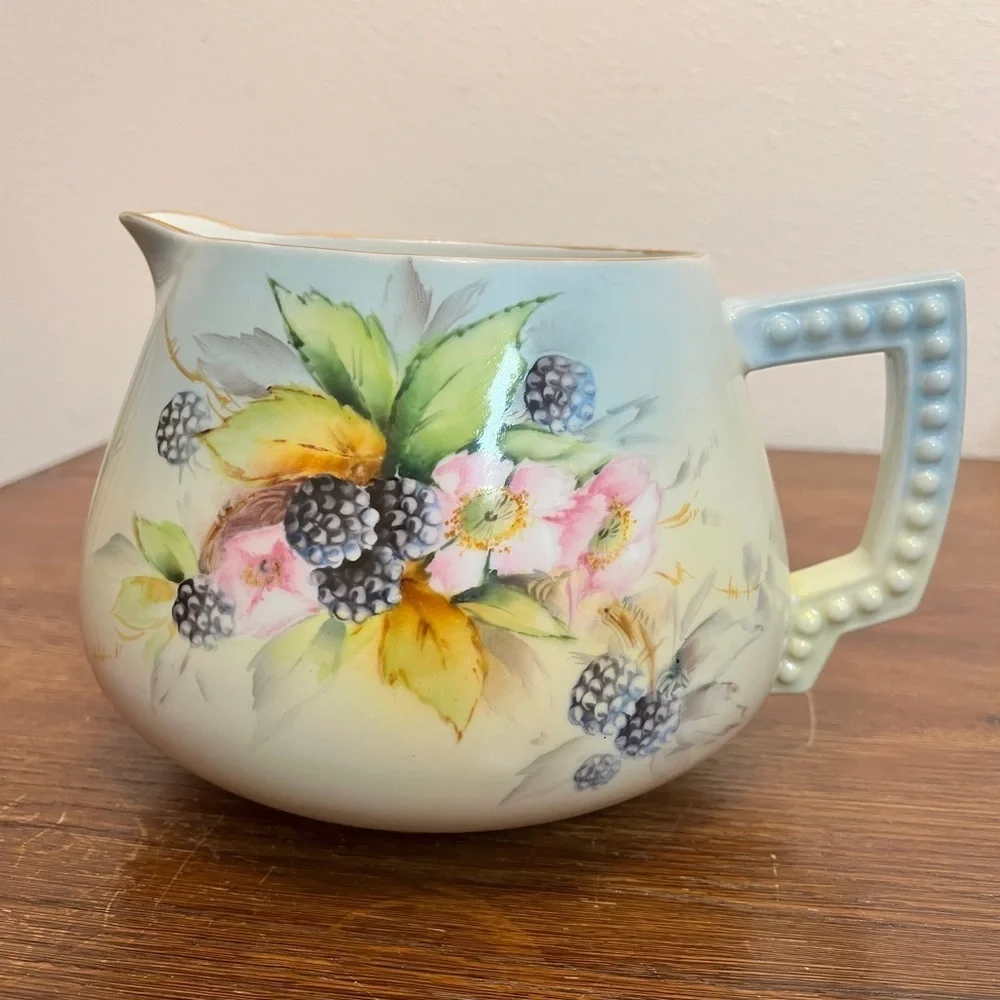 Vintage HandPainted Bavaria Pitcher by Kayser Blackberry Floral Design,Gold Rim
